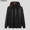Men's Hoodies Sweatshirts INCERUN 2023 Fashion Men PU Leather Hooded Long Sleeve Streetwear Solid Color Punk Casual Pullover 5XL 7 230809