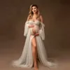 Charming Pearls Bridal Bathrobe Sweetheart Puffy Sleeve Womens Photo Shoot Dress Front Slit Night Robe Maternity Photography Wear