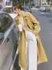 Womens Trench Coats Women Autumn Yellow Coat Turn Down Collar Wide Belt Long Casaco Feminino Abrigo Mujer Femme 230809