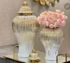 Ceramic Light Luxury Electroplated General Cans European Style Flower Vase Crafts Decorative Storage Tanks with Soft HKD230823