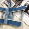 Serbatoi da donna 2023 Summer Y2k Tops Runway Fashion Sqaure Collar Senza maniche Cerniere Denim Spliced Mesh Sexy See Throw Tank Crop Top