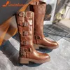 Botas gruesas de tacón alto para mujer, botas a media pantorrilla, botas Punk góticas hasta la rodilla para motocicleta, botas cómodas con hebilla para caminar, Otoño Invierno 230809