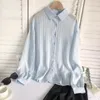 Kvinnor Bluses Woman Shirts Långärmning Turn-down krage randiga kläder för kvinnor knappar den Allsmäktige koreanska mode camisas sommar droppe