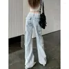 Jeans femme bleu Cargo pantalon taille haute solide Vintage droit surdimensionné mode 2023 automne bas large jambe pantalon