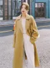 Womens Trench Coats Women Autumn Yellow Coat Turn Down Collar Wide Belt Long Casaco Feminino Abrigo Mujer Femme 230809