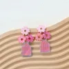 Saplama küpeler pembe çiçek vazo kişiliği akrilik kulak süsleri tatlı kadın moda takı