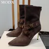 Сапоги зима 2023 мода подиумной мода подлинный кожаный камень тонкий высокий каблук SSHORT BOOT METAL METL