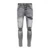 Jeans pour hommes Design Fashion Ripped Grey Distressed Streetwear Slim Leather Patchwork Denim Pants