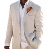 Mäns kostymer blazrar beige linne för sommarstrand bröllop 2 stycke amerikansk stil jacka med byxor skräddarsydda brudgummen tuxedos manlig mode 230809