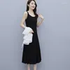 Casual Dresses Summer Fashion Temperament Women's Suit kjol Lossa Slim Solid Color T-shirt Suspenders Elegant Dress Two-Piece Women