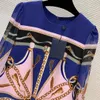 Autumn Blue Chains Print Panelled Dress Long Sleeve Round Neck Pockets Short Casual Dresses B3G041818