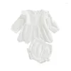 Ensembles de vêtements mignon à volants à manches longues pour bébés filles ensemble de vêtements couleur unie découpe t-shirts hauts shorts élastiques 2PCS costume décontracté pour enfants