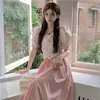 Tvådelad klänning 2023 Summer Women's Sweet Pink Set Korean Lady graciösa korta toppar kjolar outfit mode puff hylsa skjortan