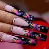False Nails 24Pcs Long Ballet Fake With Rhinestones Flower Flame Design Press On Wearable Coffin Full Cover Manicure