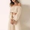 Women's Two Piece Pants Summer Casual Shorts Set 2023 Fashion One Shoulder Long Sleeves Navel High Waist Elastic Wide Leg