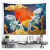 Tapestries Red Green Cranes Floral Leaves Tapestry Traditional Japanese Style Tapestries Watercolor Wall Hanging Cloth for Home Bedroom R230810