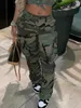 LW Camo Print Side Pocket Cargo Camouflage Pants Low-midjedjed Zipper Fly Full Print Stretchy Women