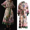 Australisches Designer-Vintage-Bohemian-Kleid mit Revers, einreihig, lange Laternenärmel, Graffiti-Druck, Spitzen-Taillenrock