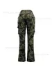 LW Camo Print Side Pocket Cargo Camouflage Pants Low-midjedjed Zipper Fly Full Print Stretchy Women