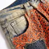 Hommes Jeans Summer Street Orange Spider Web Mode AppliedCloth MidWaist Slim Crayon Pantalon Hip Hop Vêtements 230809