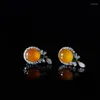 Stud Earrings Creative Natural Yellow Chalcedony Transparent Round Bead Pendant Chinese Style Retro Craft Female Silver Jewelry