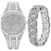 Zegarek obserwuj bransoletkę dla mężczyzn Cuban Cain Charm loded Out Prosty Diamond Gold Set Biżuteria RELOJ