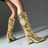 Stiefel MORAZORA Plus Größe 3448 Kniehohe Stiefel Heels Plissee Spitze Zehen Gold Silber Mode Damen Schuhe 230809