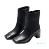 leather thick high heel short boots for women side zipper square head thin boots