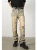 Men's Jeans Ripped Mud Yellow Loose Straight Leg Pants High Fashion