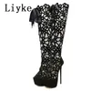 Boots Liyke 16CM Ultra Thin High Heels Sexy Nightclub Hollow Out Over The Knee Boot Peep Toe LaceUp Zip Platform Shoes Sandals 230809