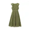 カジュアルドレス夏のファッション気質vネックノースリーブ刺繍中空緑のドレスウエストスリミングロングスカート女性の