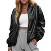 Women's Jackets Xingqing Y2k Aesthetic Women Solid Color Zip Up Long Sleeve PU Leather Tops Casual Stand Collar Coat 2000s Streetwear