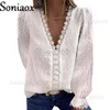 Autumn Fashion Deep V Neck Loose Chiffon Shirt Women Solid Color Jacquard Sweet Female Blouse Casual Splicing Hollow Lace Tops T230810