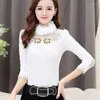 T-shirts femme automne hiver femmes Plus velours chemise à fond épais femme col haut dentelle hauts à manches longues Blouses chaudes 3XL