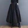 Kjolar vintage svart hög midja veckade kjol kvinnor plus storlek mode dragsko lös casual midi höst vinterboll klänning
