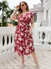 プラスサイズのドレス女性カジュアルエレガントなミディ2023夏のVネックベルト付きフリルフローラルプリントボーホン服