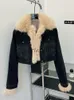 Kvinnorjackor Circyy Jacket Kvinnor Faux Fur Coat 2023 Autumn Winter Ny svart skarvad långärmad fickfickor Vintage Casual denim Cropped Coats J230810