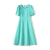 2023 Summer GreenSolid Color Dress Short Sleeve Round Neck Knee-Length Casual Dresses W3Q014315