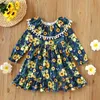 Flickans klänningar Blomma tryck TurnDown Collar Long Flare Sleeve Girls Dress Sweet Kids Clothes 1-6y Spring Fall Kids Dresses For Girls