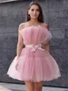 Robes de soirée Sexy Tulle Rose Une Ligne Courte Retour Plis Sans Manches Arc Ceinture Graduation Cocktail Formelle Robe De Bal