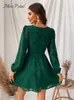 Kentsel seksi elbiseler Bayan Petal Plunge Bir Çizgi Mini Elbise Kadın Yeşil Uzun Kollu Parti 2023 Bahar Sonbahar Kadın Sundress 230809