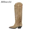 Stivali MStacchi Stivali alti da donna Stivali alti al ginocchio ricamati in pelle scamosciata nera nuda Stivali sexy da donna con punta a punta Spike Kitten Heels 230809