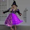 Särskilda tillfällen Sparkly Witch Halloween Costumes For Girls Led Light Up Purple Long Dress Kids Carnival Cosplay Outfit With Broom Hat 230810