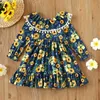 Flickans klänningar Blomma tryck TurnDown Collar Long Flare Sleeve Girls Dress Sweet Kids Clothes 1-6y Spring Fall Kids Dresses For Girls