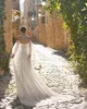 Stroppless Tulle Elegant Boho Wedding Dresses Off the Shoulder Lace Appliques A-Line Sexig Site Split Brudklänning