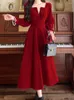 Casual Dresses Autumn Women Fashion Elegant Red Dress Long Sleeve Vintage A-Line Wedding Party Robe Female Prom Birthday Vestidos