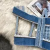 Serbatoi da donna 2023 Summer Y2k Tops Runway Fashion Sqaure Collar Senza maniche Cerniere Denim Spliced Mesh Sexy See Throw Tank Crop Top