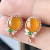 Stud Earrings Creative Natural Yellow Chalcedony Transparent Round Bead Pendant Chinese Style Retro Craft Female Silver Jewelry