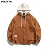 Mens Jackets ANSZKTN fake two retro loose trend outdoor tooling jeans jacket mens hooded couples style charge suit denim coat 230810