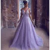 Spaghetti Sexy V-ausschnitt Strap Prom Kleider Lavendel Ärmellose Perlen Spitze Backless Party Abendkleider Lange Robe De Soiree